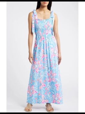 Lilly Pulitzer Light Blue Floral Smocked Maxi Dress with Pink Accents